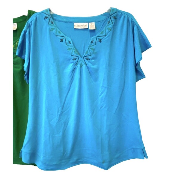 Real Comfort Womens Bundle 2 Tees Kelly Green Turq Cap sleeves XL Embroidery NEW - Picture 4 of 10